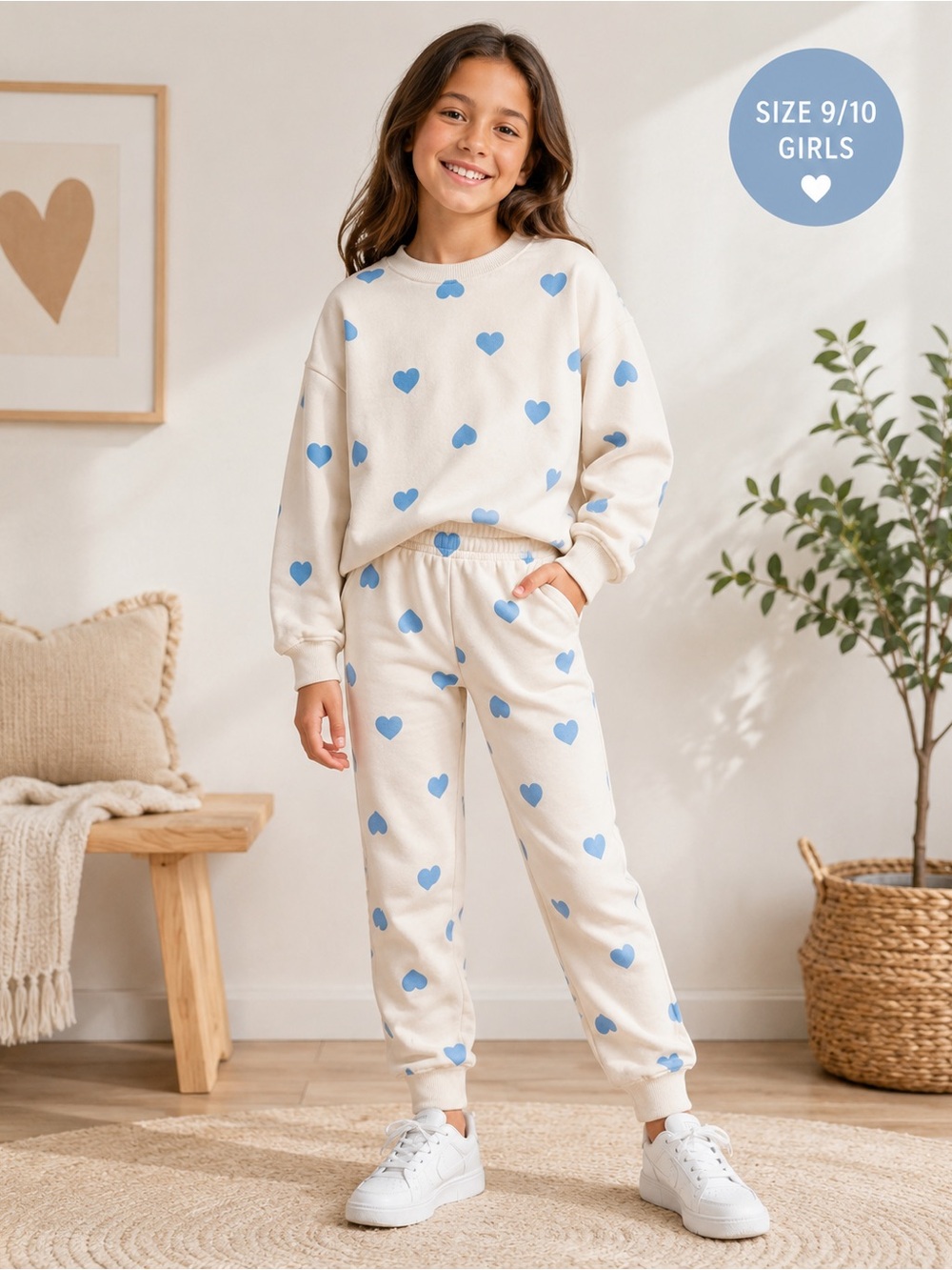 H&M Kids Heart Print Sweatshirt & Joggers Set - Cream and Blue.